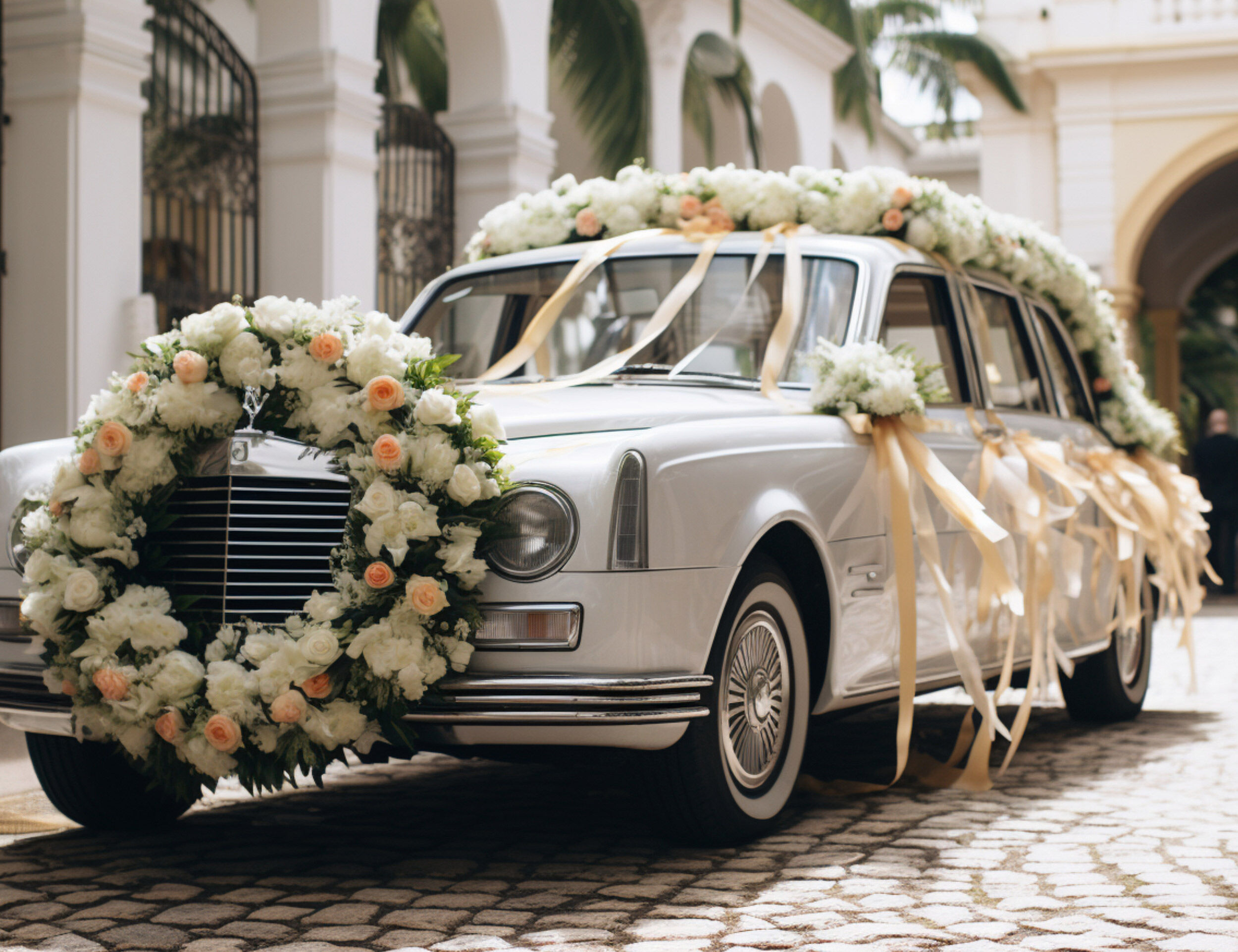 wedding car decorated with white flowers 